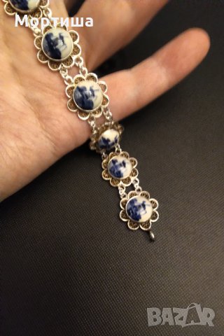  Блу Делфт антикварна сребърна гривна с порцелан    , снимка 5 - Гривни - 28789797