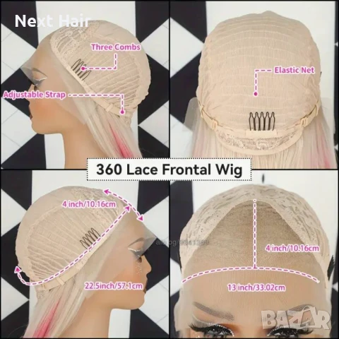 Лейс фронт права руса перука два цвята с розови краища с дантела, снимка 5 - Аксесоари за коса - 51086892