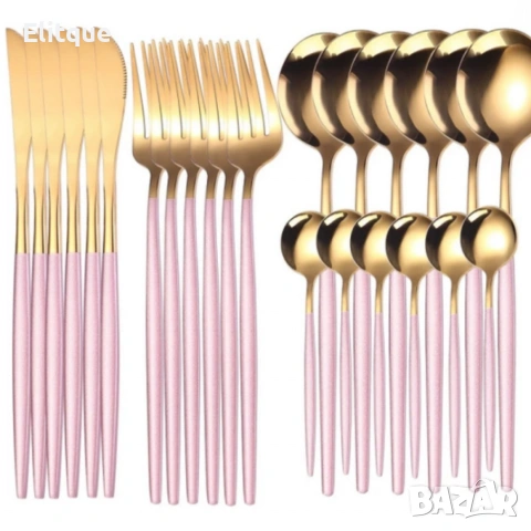 Комплект прибори за хранене от 24 части с луксозен дизайн и магнитна кутия в златисто и розово, снимка 2 - Други - 53203129