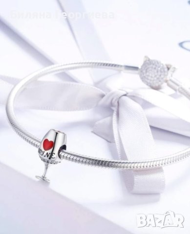 Сребърен талисман за гривна Пандора Чаша вино Модел 089, снимка 6 - Гривни - 43464763