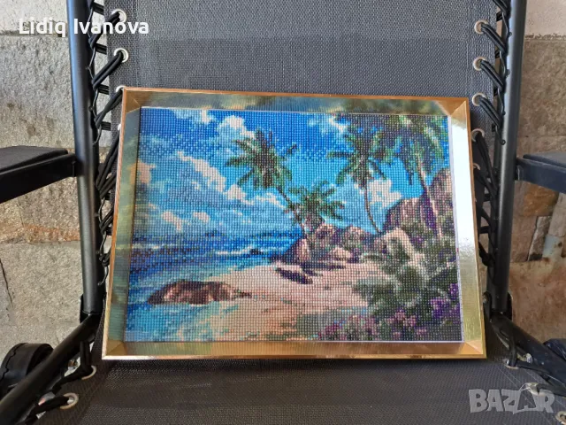 Диамантен гоблен море с палми-готов и рамкиран, снимка 4 - Гоблени - 50194503