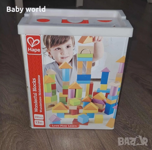 Дървени кубчета в кутия за сортиране Hape - 101 броя