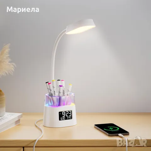  LED настолна лампа с държач за писалка и USB порт / RGB светлина / Светещ Часовник, снимка 2 - Други - 48411669