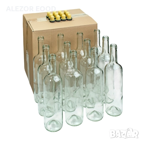 Стъклени бутилки 750 мл. за вино и ракия., 12 броя + кашон + тапи