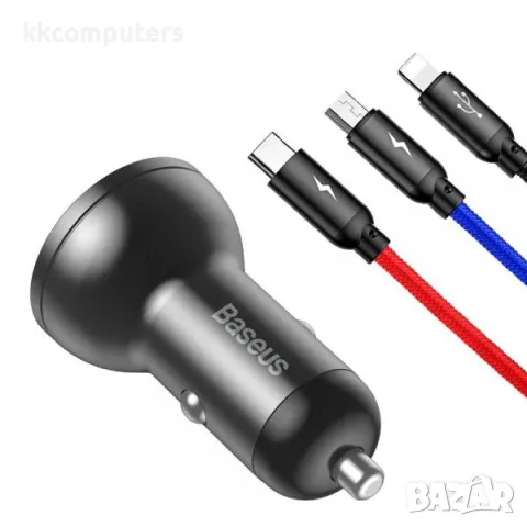 Зарядно за автомобил Baseus 24W/4.8А дисплей+ кабел 3в1 M/T-C/iPh /TZCCBX-0G/ Баркод : 456130, снимка 2 - Резервни части за телефони - 47580501