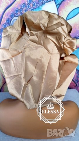 Удивителна Сатенена Шапка Боне в Искрящ Златист Цвят с Ластик КОД 2176, снимка 5 - Аксесоари за коса - 32498047