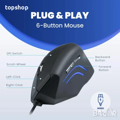 НОВА Ергономична Мишка Perixx PERIMICE-508 10844, Оптична, жична, USB, 6 бутона, 1600 DPI, Черна, снимка 3 - Клавиатури и мишки - 50494955