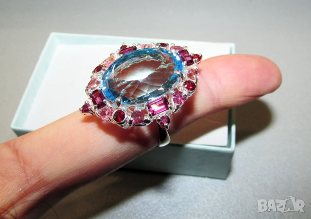 Сребърен пръстен с натурален син топаз 37 карата, снимка 7 - Пръстени - 53498060