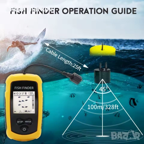 Портативен откривател на риба до 100 м дъбочина за любители рибари, Работи с батерии 4 бр ААА,, снимка 2 - Въдици - 53398990