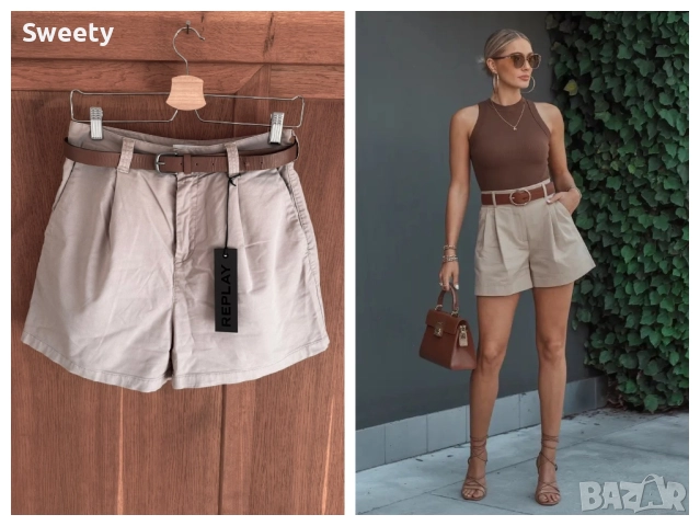 Replay чино къси панталони с висока талия в бежово кафяво