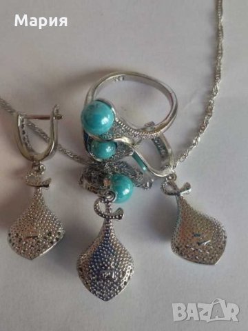 Сребърен комплект със сини перли, снимка 2 - Бижутерийни комплекти - 27891903