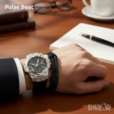 Мъжки подаръчен комплект – стилен часовник и черна гривна, снимка 2 - Мъжки - 51932979