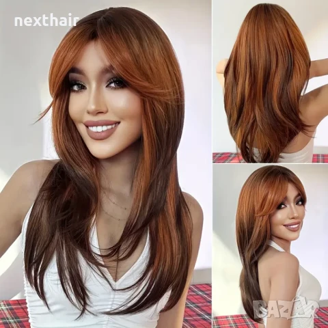 Оранжева омбре перука с кафяви корени и краища с дълъг бретон