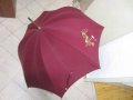  Стар чадър цвят бордо с бродиран кон и дървена дръжка, снимка 6