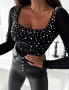 Дамска черна блуза с перли, снимка 3