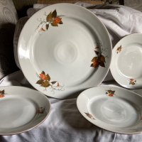 Голяма чиния/ плато с 6 малки чинии, есенни листа на Дянко Стефанов, ретро порцелан, снимка 1 - Сервизи - 39581837
