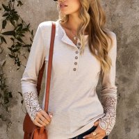 Дамска блуза в бежово с дълги ръкави с бродерия, снимка 5 - Блузи с дълъг ръкав и пуловери - 43717030