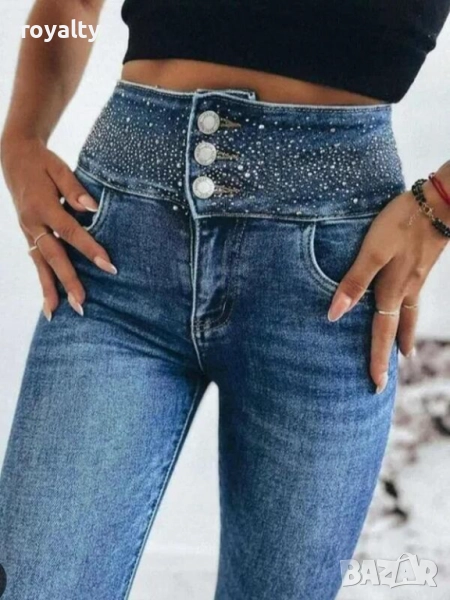 Сини дънки с камъни висока талия, снимка 1