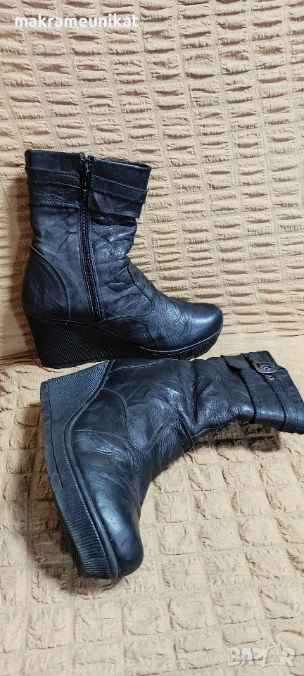 Дамски боти, черна естествена кожа, цяла платформа, изгодно, , снимка 1