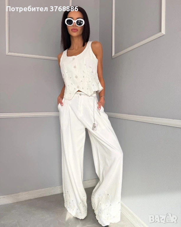 Дънков комплект от две части 🤍 Уникален 🤍 С дантела и шити камъчета 🤍 Син деним / Бял деним 💎 S,, снимка 1