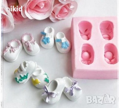 4 буйки буйка пантофка обувка обувки бебешки силиконов молд форма фондан гипс шоколад, снимка 1