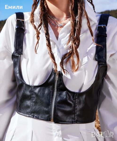 Кожен харнес корсет колан под бюста с цип, катарами и презрамки р-р S , снимка 1