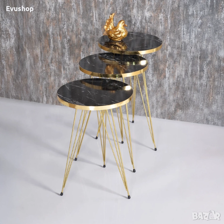 Комплект 3 маси за кафе, помощна масичка - черно/ златно, снимка 1