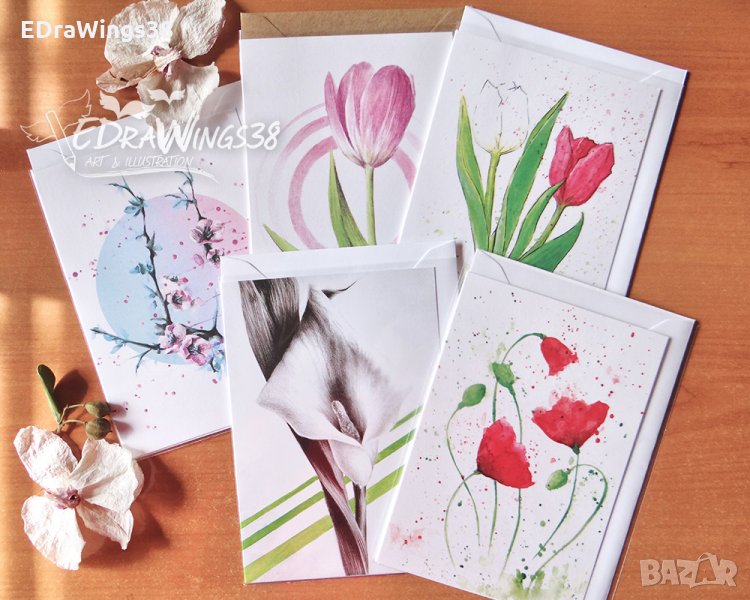 Картички с цветя / пролет, лалета, макове, цветно, снимка 1