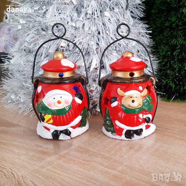 Мини коледен фенер светеща керамична фигура за украса, снимка 1