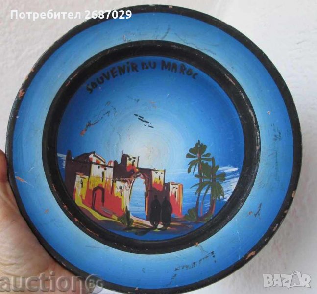 Красива синя Рисувана чиния , 23 см стара Керамика Мароко, снимка 1