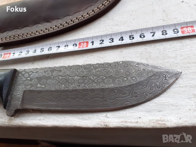 Страхотен ловен нож дамаска стомана нов с кожена кания, снимка 6 - Антикварни и старинни предмети - 38286224