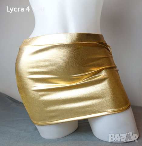 S/M къса златиста лачена пола с платки черен тюл странично, снимка 3 - Поли - 40162305