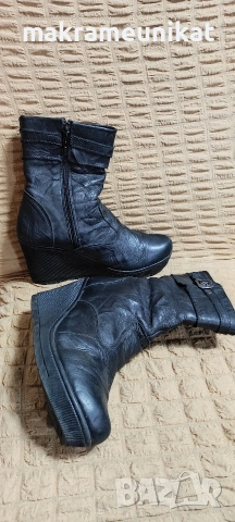 Дамски боти, черна естествена кожа, цяла платформа, изгодно, 