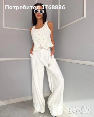 Дънков комплект от две части 🤍 Уникален 🤍 С дантела и шити камъчета 🤍 Син деним / Бял деним 💎 S,