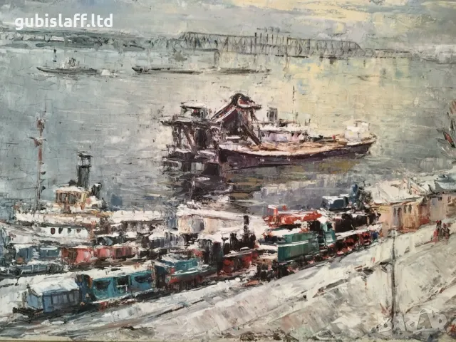 Картина "Русе-речна гара", 1970 г., худ. К. Станчев (1906-1988), снимка 4 - Картини - 48695154