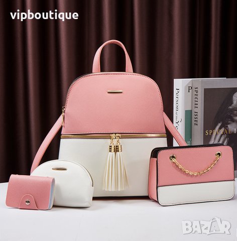 Дамска Розово Бяла Кожена Раница Комплект, снимка 5 - Раници - 43064153