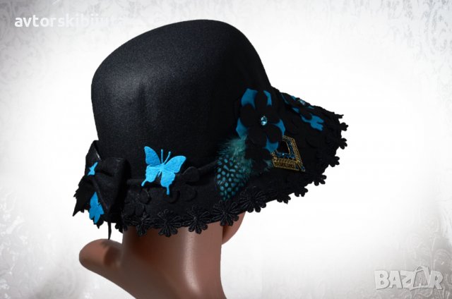 ⚜️ Черна дамска шапка филц с цветя и пеперуди №3090, снимка 6 - Шапки - 38130063