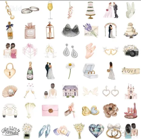50 бр Сватба сватбени младоженци самозалепващи лепенки стикери за украса декор картонена торта и др, снимка 3 - Други - 49639899