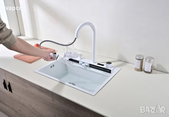60см Бяла мултифункционална кухненска мивка с двоен водопад, снимка 4 - Мивки - 49377991