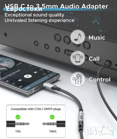 Аудио адаптер Warrky Audio hifi USB C към 3,5 мм жак, аудио адаптер за телефон за слушалки, снимка 6 - Други - 49945711