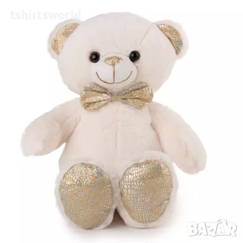Ново бяло плюшено мече със златна папийонка, 35см
