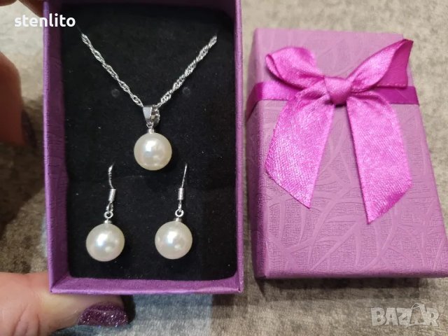 Комплект колие и обеци от сребро с перли , снимка 6 - Бижутерийни комплекти - 22182615