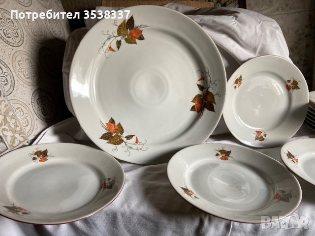 Голяма чиния/ плато с 6 малки чинии, есенни листа на Дянко Стефанов, ретро порцелан