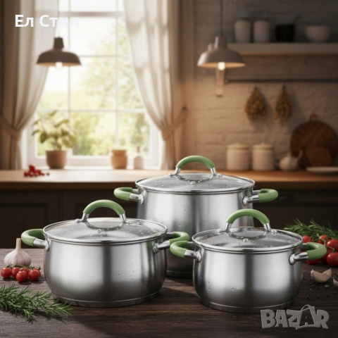 Комплект тенджери– 3 броя, 5-слойно дъно - бързо и равномерно готвене, снимка 3 - Прибори за хранене, готвене и сервиране - 53565476