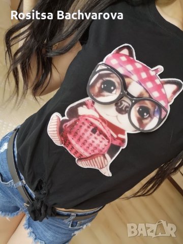 Черен топ с 3D картинка, S/M размер, снимка 2 - Корсети, бюстиета, топове - 28888577