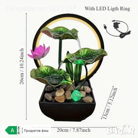 USB 3-степенен релаксиращ настолен,водопад-фонтан,LED пръстеновидна светлина за декорация, снимка 4 - Декорация за дома - 49764616