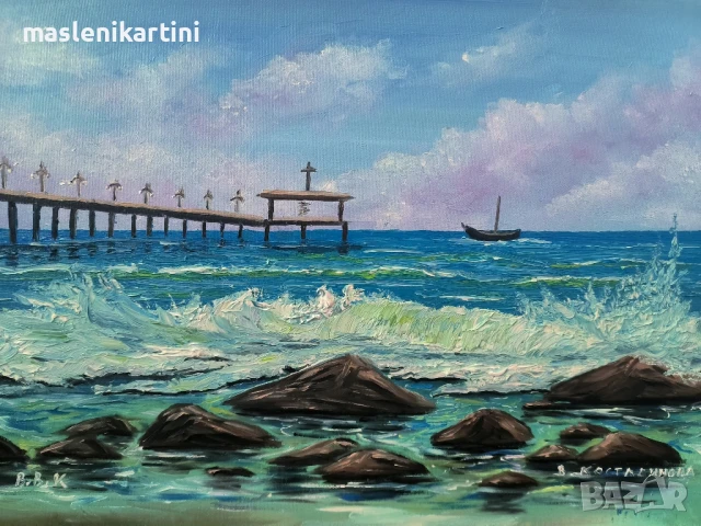 Бургаският мост маслена картина , снимка 2 - Картини - 51247974