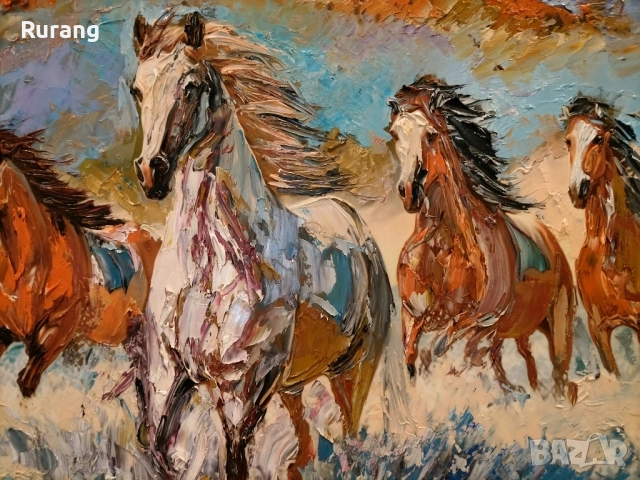 Авторска Маслена живопис,, Огнени коне", снимка 3 - Картини - 52973579