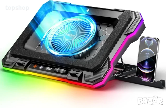 Охлаждаща подложка за лаптоп Moojay C51, вентилатор с RGB, 8 регулируеми височини, държач за телефон