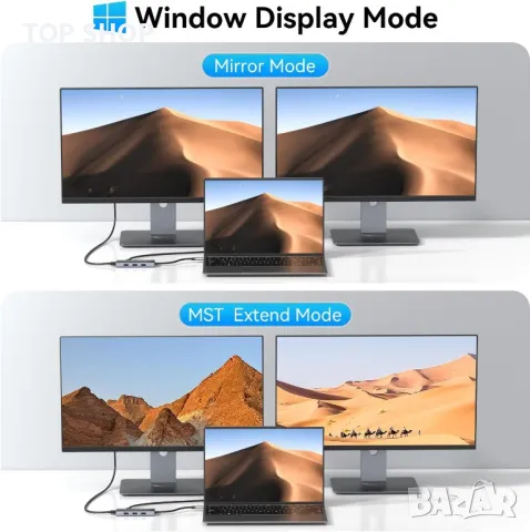 USB C към 2 HDMI адаптер за два монитора, 6 IN 1 докинг станция, снимка 4 - Кабели и адаптери - 49457631